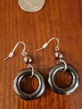 Hematite-Tone Hoop Drop Earrings with Bead Accent